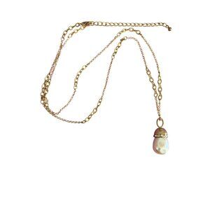 Chicos Pia Pendt Gold Tone Necklace 40" Faux Pearl Pendant Rhinestones 28.51g